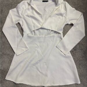 PrettyLittleThing White Long Sleeve Cutout Shirt Dress